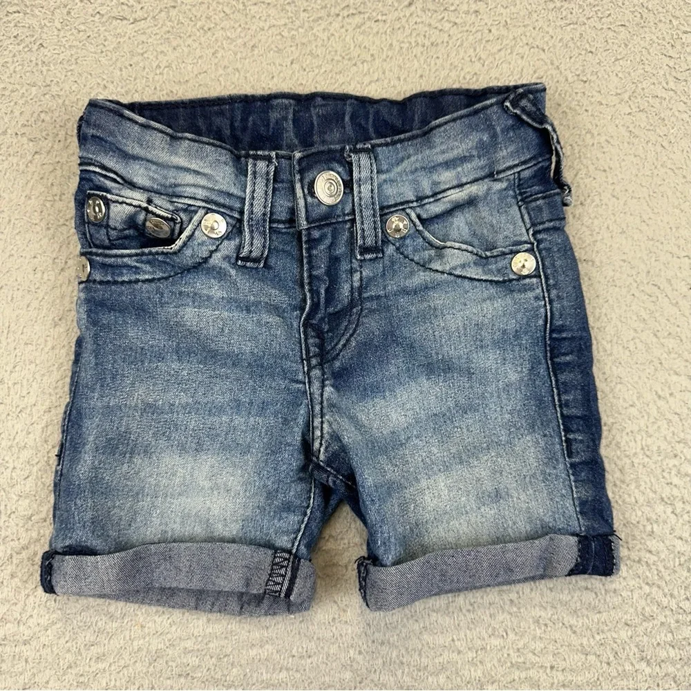 True Religion Shorts Baby 18M Blue Denim Faded Whiskers Adjustable Stretch Tour